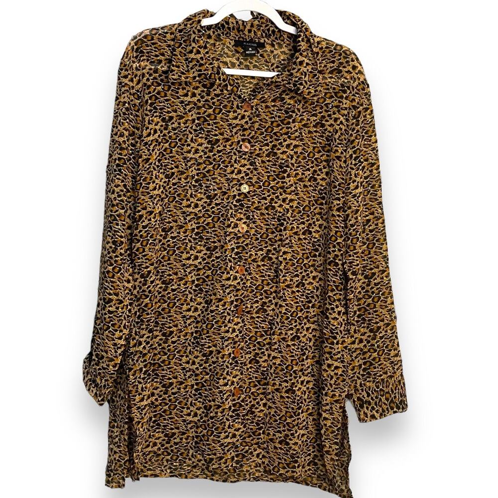 Kaktus Shirt Dress Womens XL Brown Animal Print Glitter Lightweight Button Front